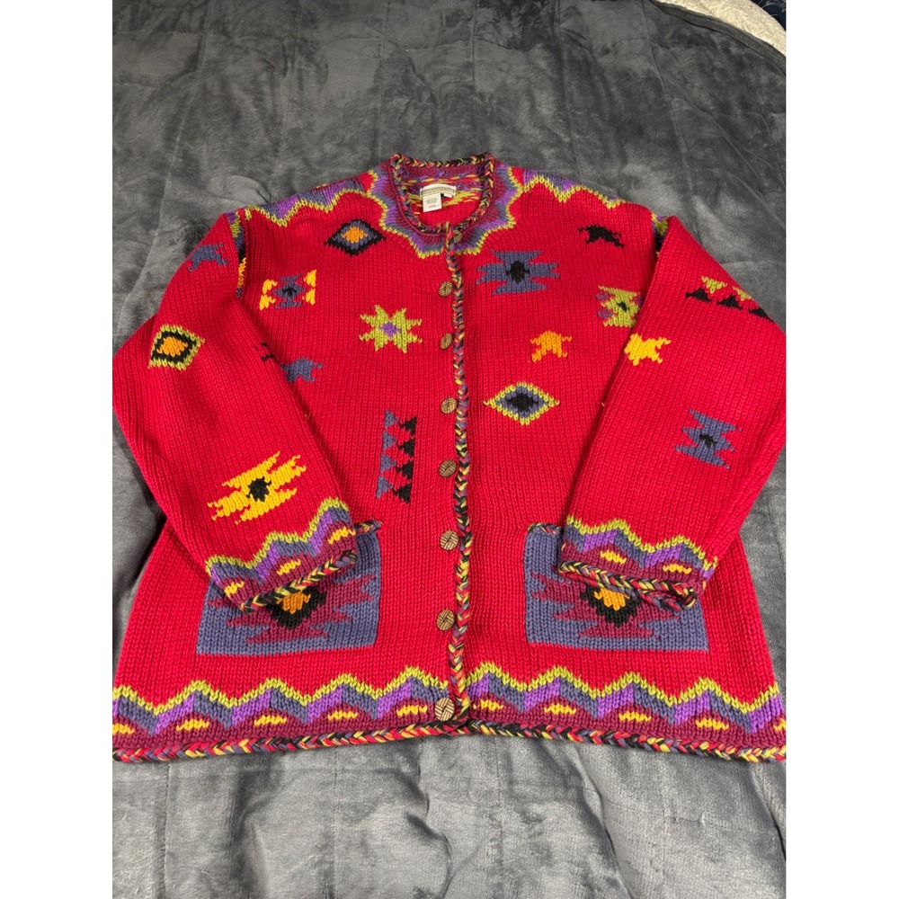 Coldwater Creek Red Southwestern Geometric Knit Cardigan Braided Trim Large